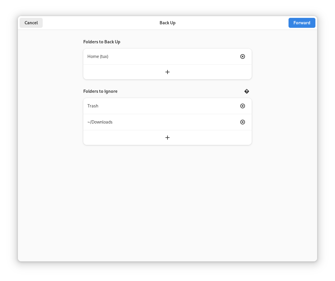 GNOME Backups interface showing how to choose folders to include or exclude from a backup, with options for Home, Trash and Downloads GNOME Backups interface showing how to choose folders to include or exclude from a backup, with options for Home, Trash and Downloads