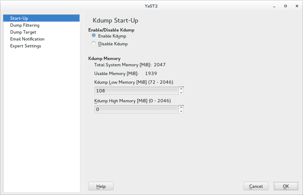 Screenshot of the YaST Kdump Module Screenshot of the YaST Kdump Module