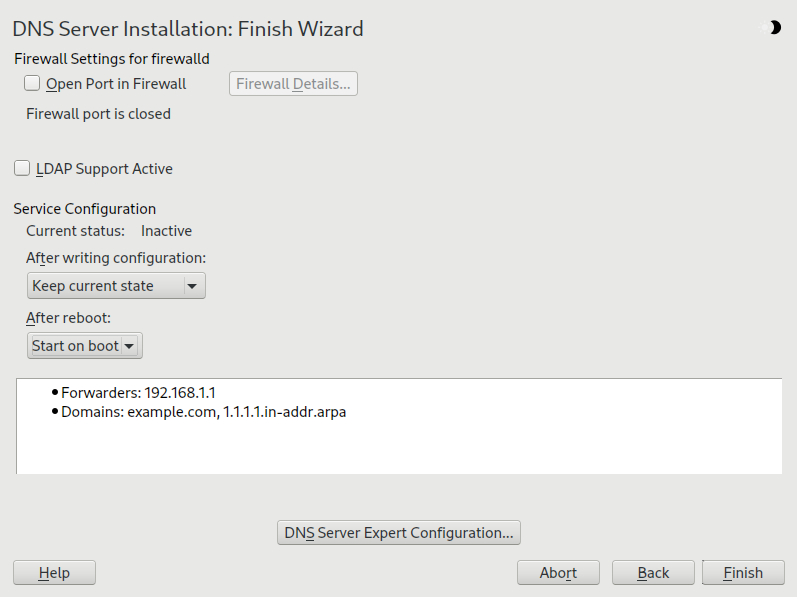 DNS server installation: finish wizard DNS server installation: finish wizard