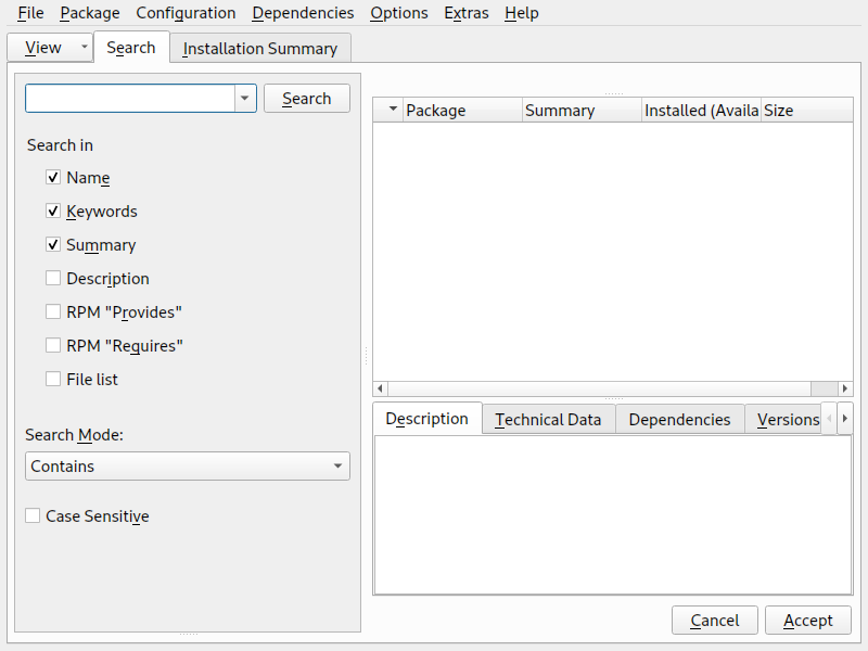YaST software manager screen YaST software manager screen