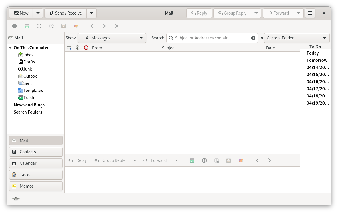 EvolutionEvolution start view showing the inbox and navigation panel for e-mail, calendar, contacts and tasks EvolutionEvolution start view showing the inbox and navigation panel for e-mail, calendar, contacts and tasks