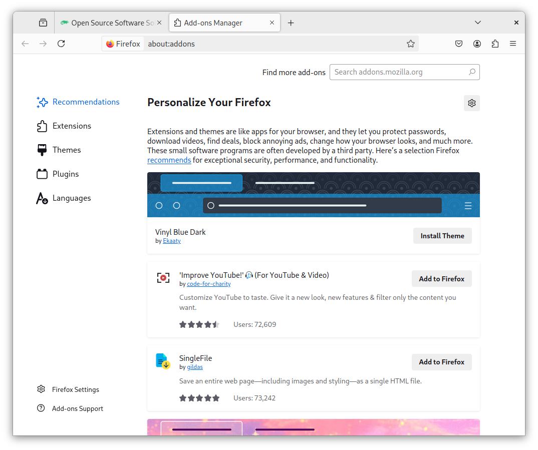 Firefox Add-ons Manager, highlighting options to personalize the browser with extensions and themes Firefox Add-ons Manager, highlighting options to personalize the browser with extensions and themes