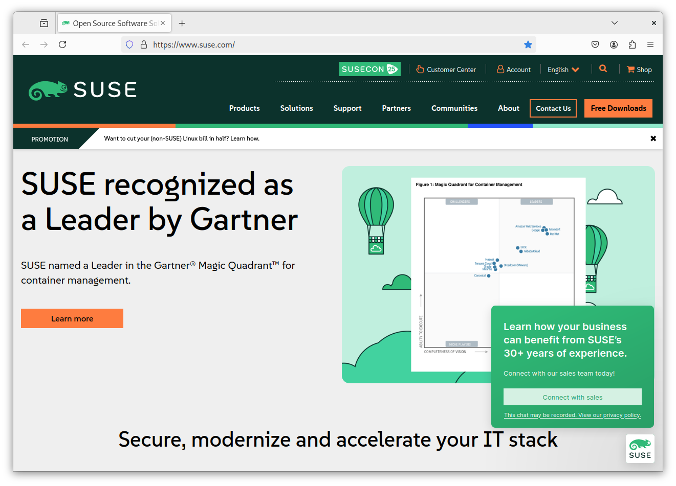 Firefox browser window showing the SUSE website, showcasing SUSE's recognition by Gartner for container management Firefox browser window showing the SUSE website, showcasing SUSE's recognition by Gartner for container management