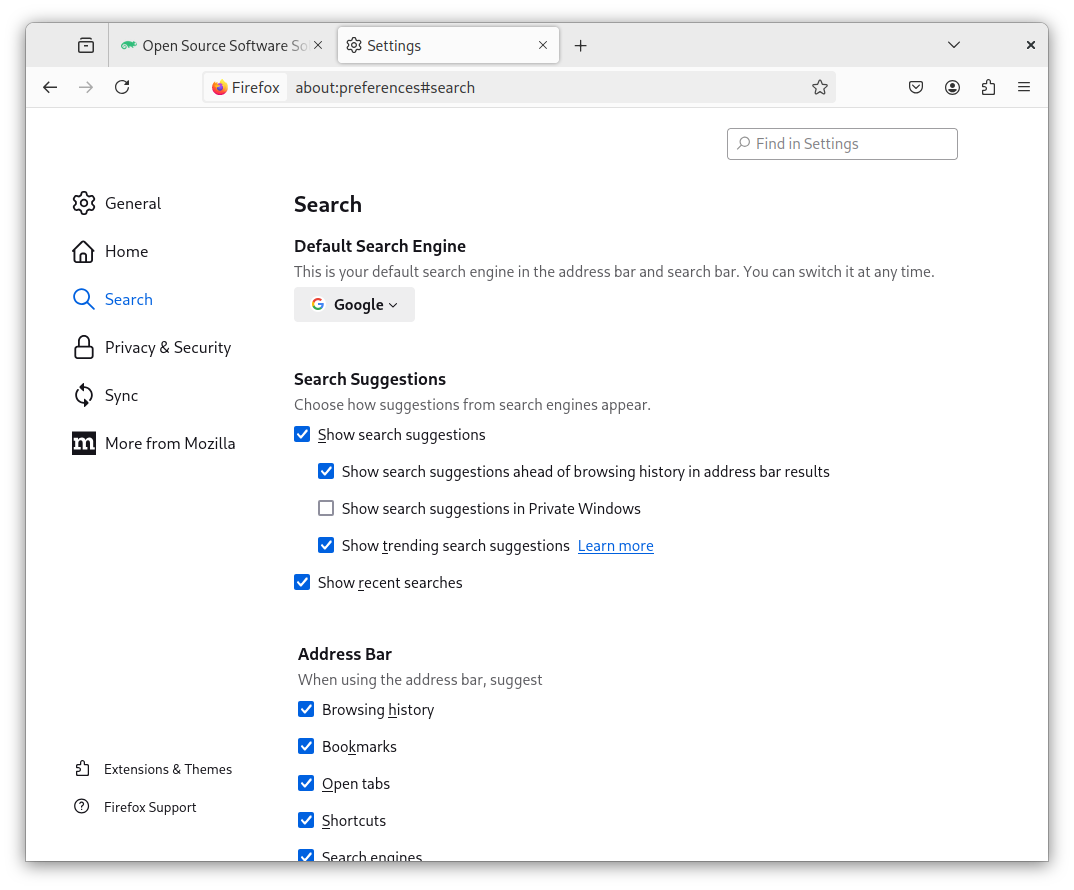 Firefox browser's search settings page, showing options for the default search engine and search suggestions Firefox browser's search settings page, showing options for the default search engine and search suggestions