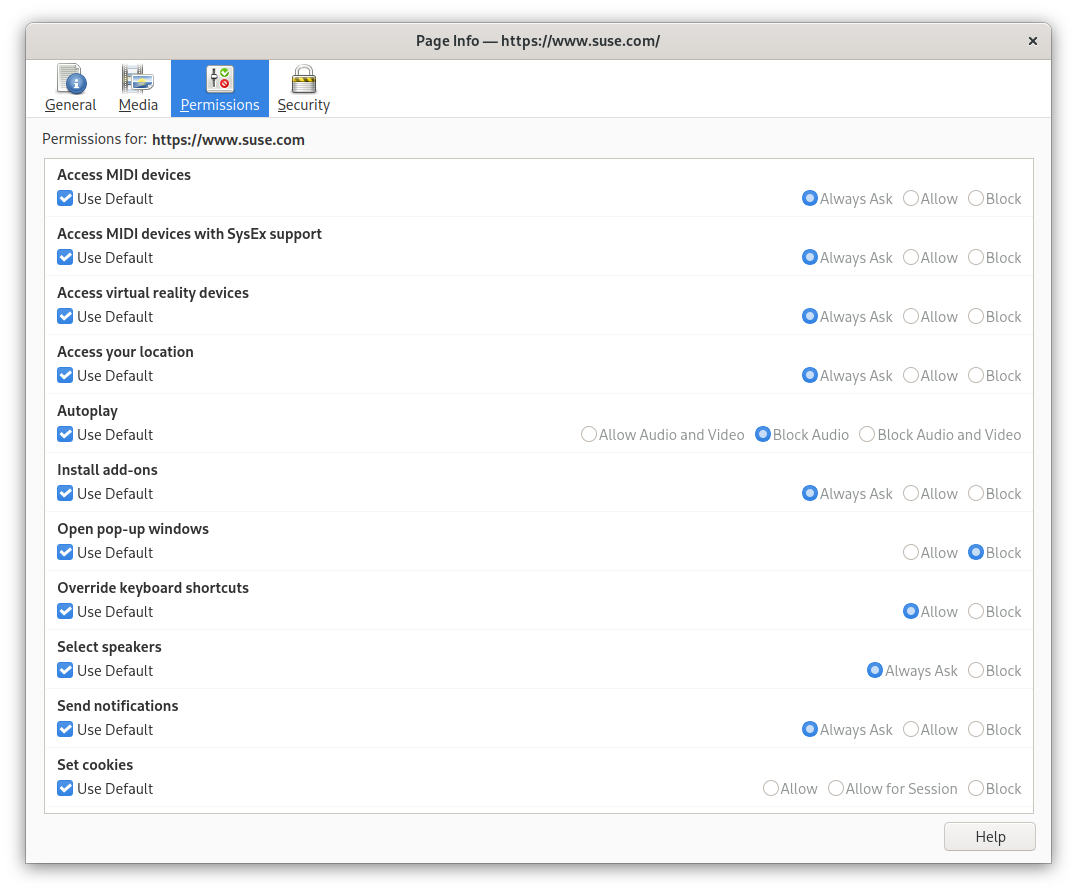 Firefox Page Info window, specifically the Permissions tab, showing customizable access settings Firefox Page Info window, specifically the Permissions tab, showing customizable access settings