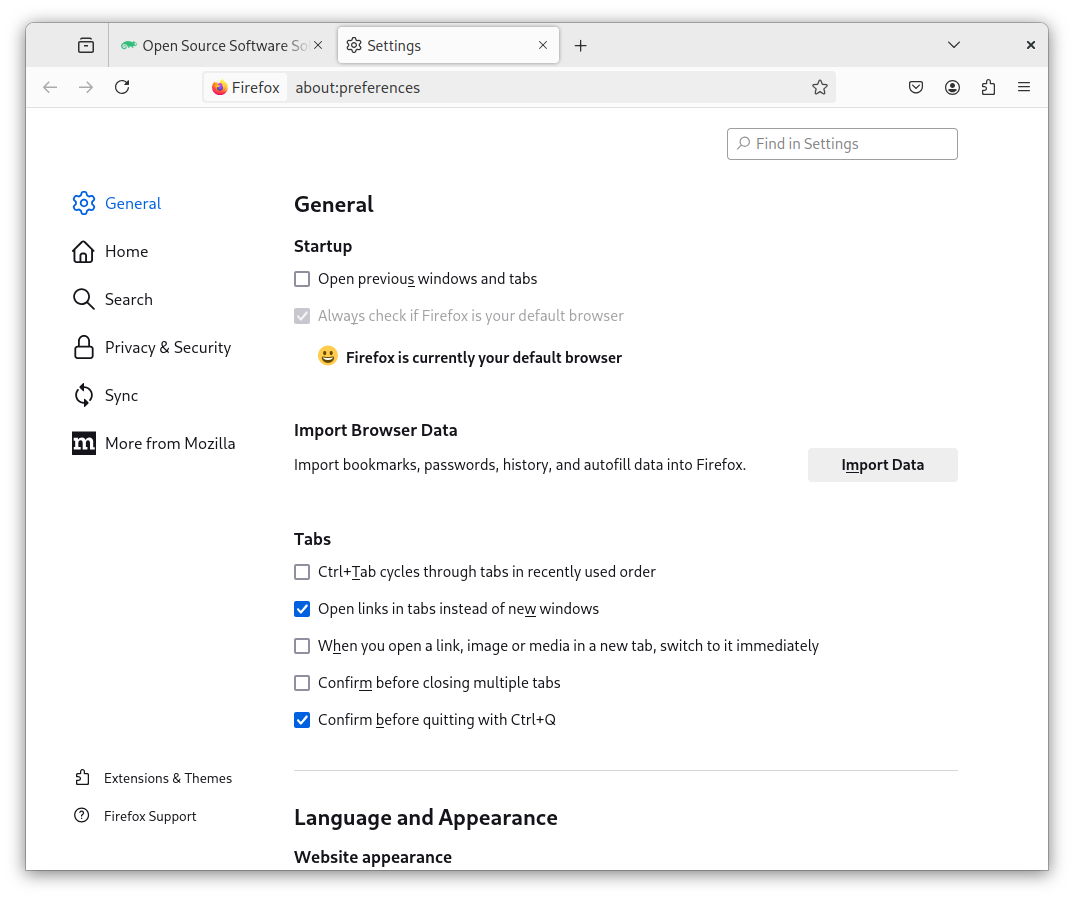 The General section within the Firefox browser's Settings, showing options for startup, importing data and tab behavior The General section within the Firefox browser's Settings, showing options for startup, importing data and tab behavior