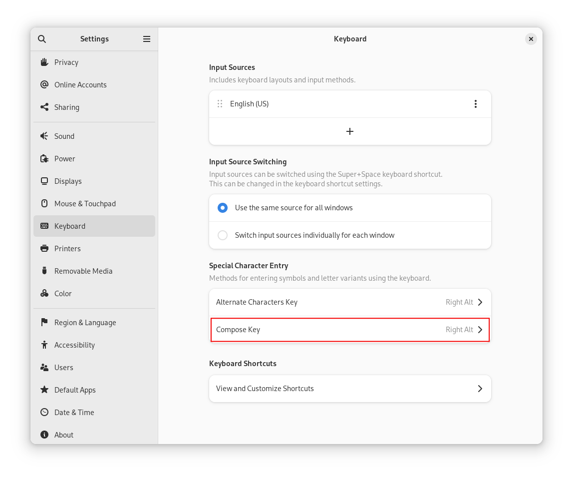 Keyboard settings showing the Compose Key configuration, currently set to the Right Ctrl key for typing special characters Keyboard settings showing the Compose Key configuration, currently set to the Right Ctrl key for typing special characters