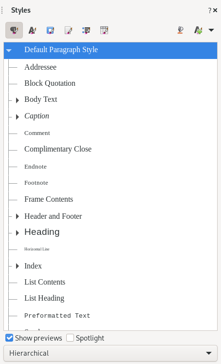 Styles sidebar displaying paragraph formatting options including Default Paragraph Style, Body Text, Heading and other text formatting presets Styles sidebar displaying paragraph formatting options including Default Paragraph Style, Body Text, Heading and other text formatting presets