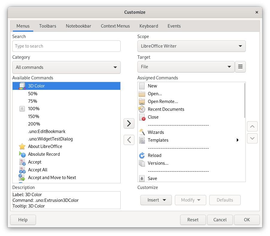LibreOffice Writer's menu customization interface, showing available commands like 3D Color and zoom options on the left, with assigned File menu commands on the right LibreOffice Writer's menu customization interface, showing available commands like 3D Color and zoom options on the left, with assigned File menu commands on the right