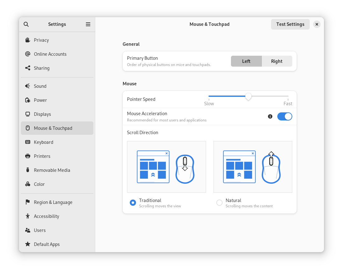 Mouse and Touchpad preferences dialog showing essential pointer configurations, including primary button selection, mouse speed and natural scrolling toggle Mouse and Touchpad preferences dialog showing essential pointer configurations, including primary button selection, mouse speed and natural scrolling toggle