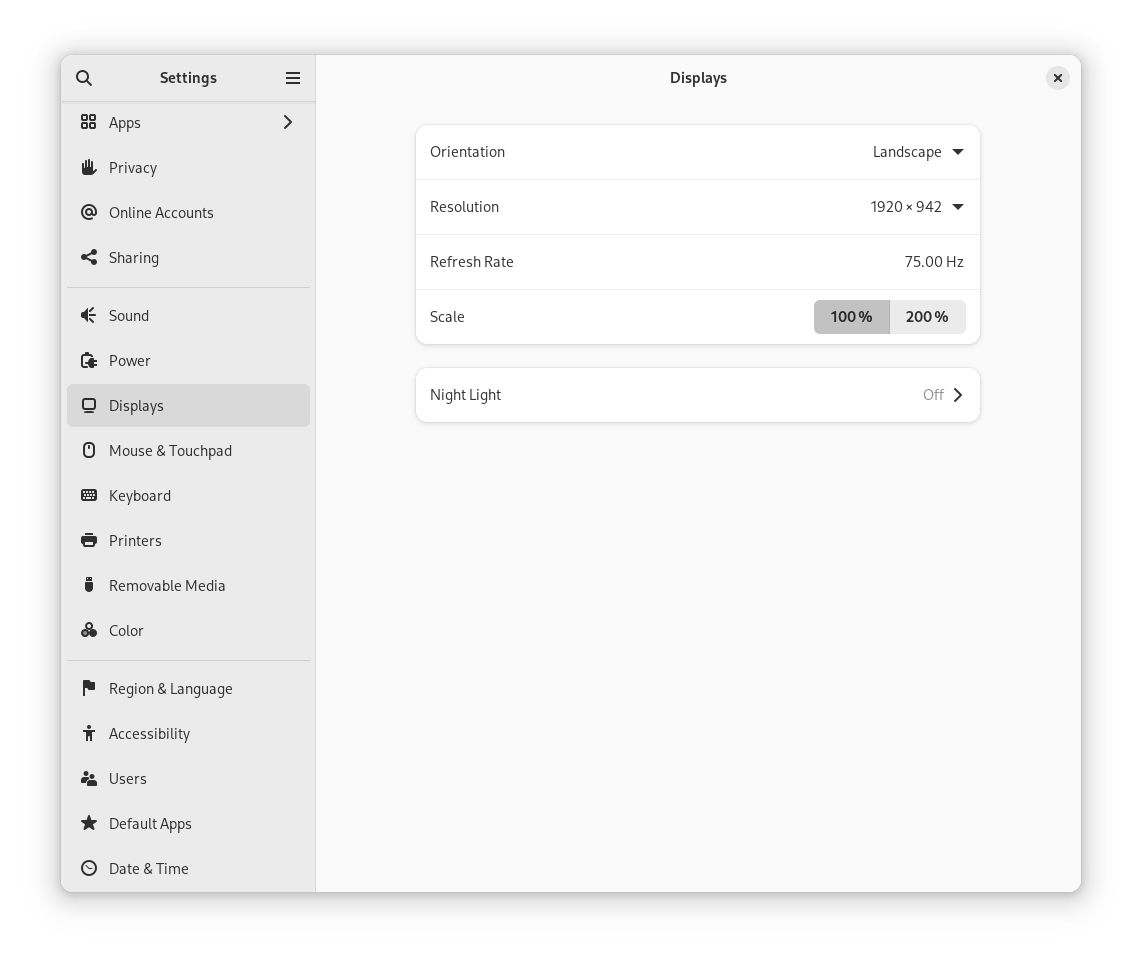 Single monitor settings dialog showing orientation, resolution and scale adjustments and Night Light scheduling Single monitor settings dialog showing orientation, resolution and scale adjustments and Night Light scheduling