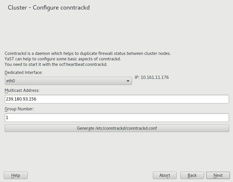 YaST Cluster—conntrackd YaST Cluster—conntrackd