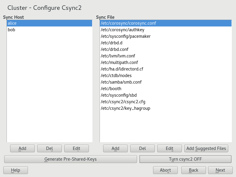 YaST Cluster—Csync2 YaST Cluster—Csync2