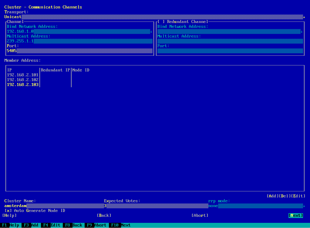 YaST Cluster—unicast configuration YaST Cluster—unicast configuration