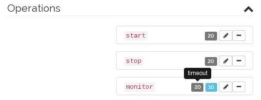 In the Operations list, beside the monitor operation, hovering the mouse pointer over the number 20 shows that this is the value for the timeout attribute. In the Operations list, beside the monitor operation, hovering the mouse pointer over the number 20 shows that this is the value for the timeout attribute.