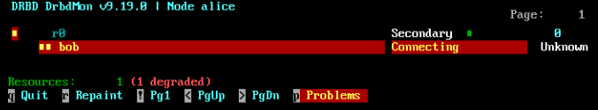 This screenshot of drbdmon shows the DRBD resource and the nodes. Node bob is red and in status Connecting. The resource is listed as degraded. There are Problems. This screenshot of drbdmon shows the DRBD resource and the nodes. Node bob is red and in status Connecting. The resource is listed as degraded. There are Problems.
