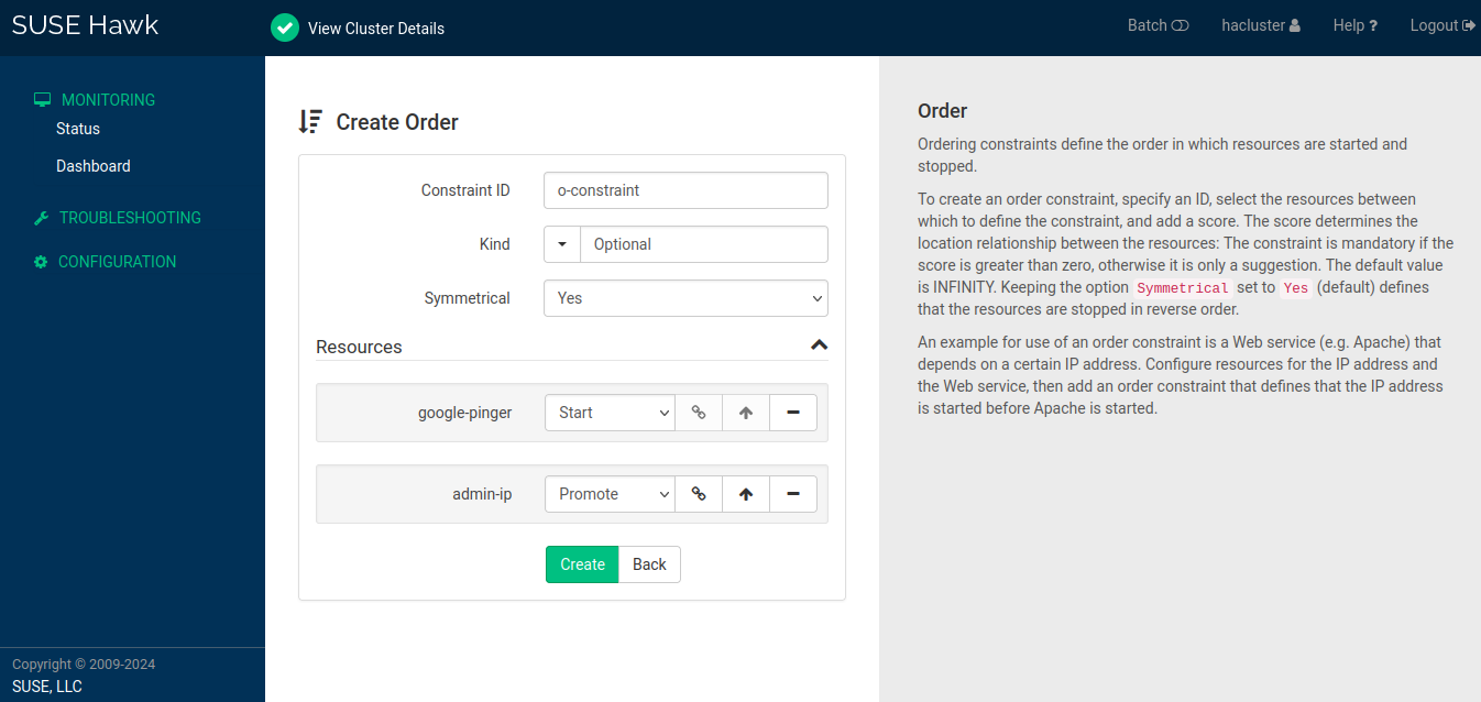The Create Order screen includes fields to add a Constraint ID and a Kind, a drop-down list to select whether the constraint is Symmetrical (the resources stop in the reverse of the order they started in) and a section to add resources and their traits. The Create Order screen includes fields to add a Constraint ID and a Kind, a drop-down list to select whether the constraint is Symmetrical (the resources stop in the reverse of the order they started in) and a section to add resources and their traits.