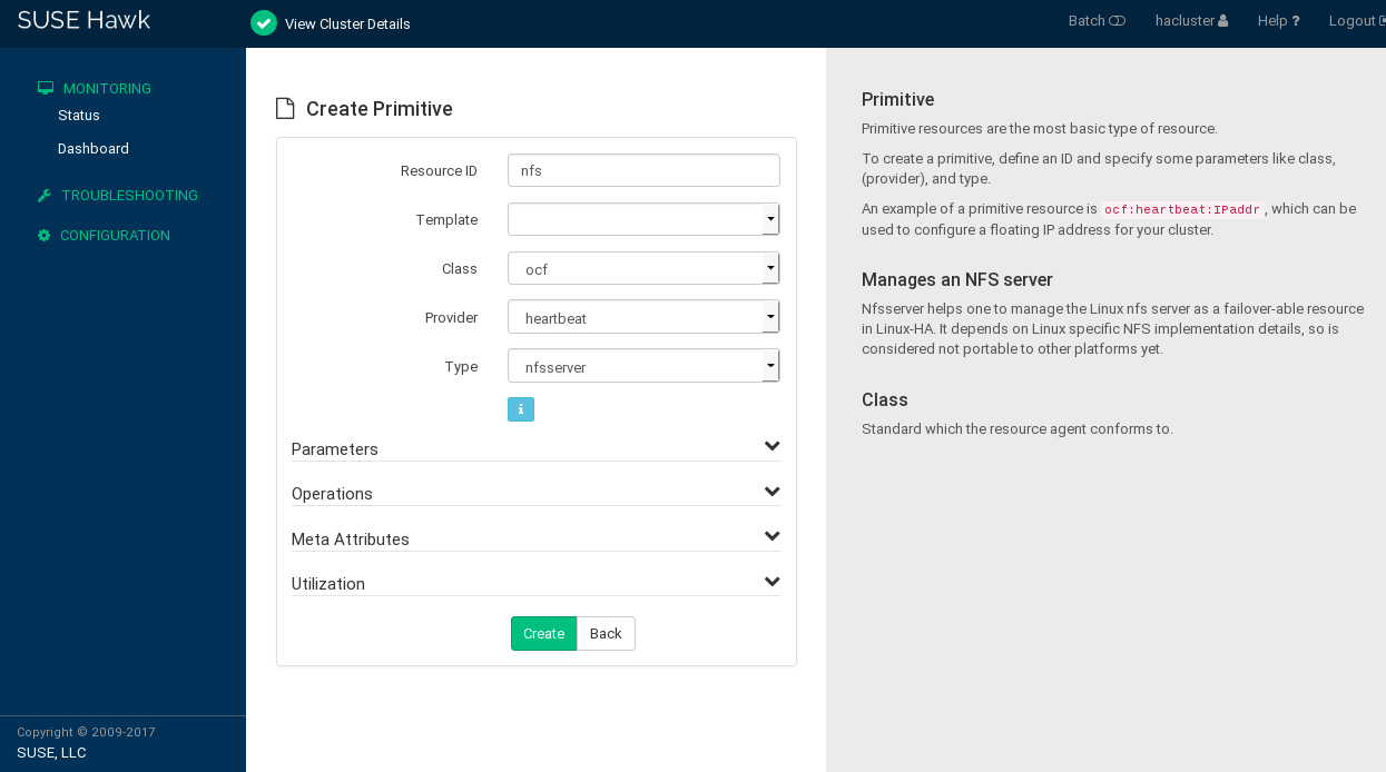 In the Create Primitive screen, you can edit the Resource ID, Class, Provider, and Type fields. You can also edit the parameters, operations, meta attributes and utilization settings. In the Create Primitive screen, you can edit the Resource ID, Class, Provider, and Type fields. You can also edit the parameters, operations, meta attributes and utilization settings.