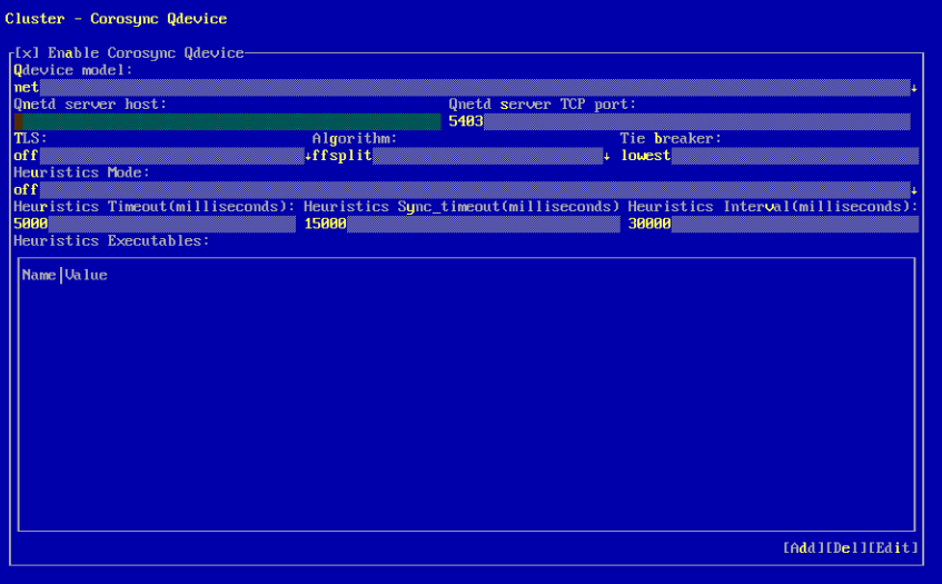 The Corosync QDevice screen shows the settings for configuring QDevice. The Enable Corosync QDevice check box is activated, and the cursor is in the QNetd server host field. The Corosync QDevice screen shows the settings for configuring QDevice. The Enable Corosync QDevice check box is activated, and the cursor is in the QNetd server host field.