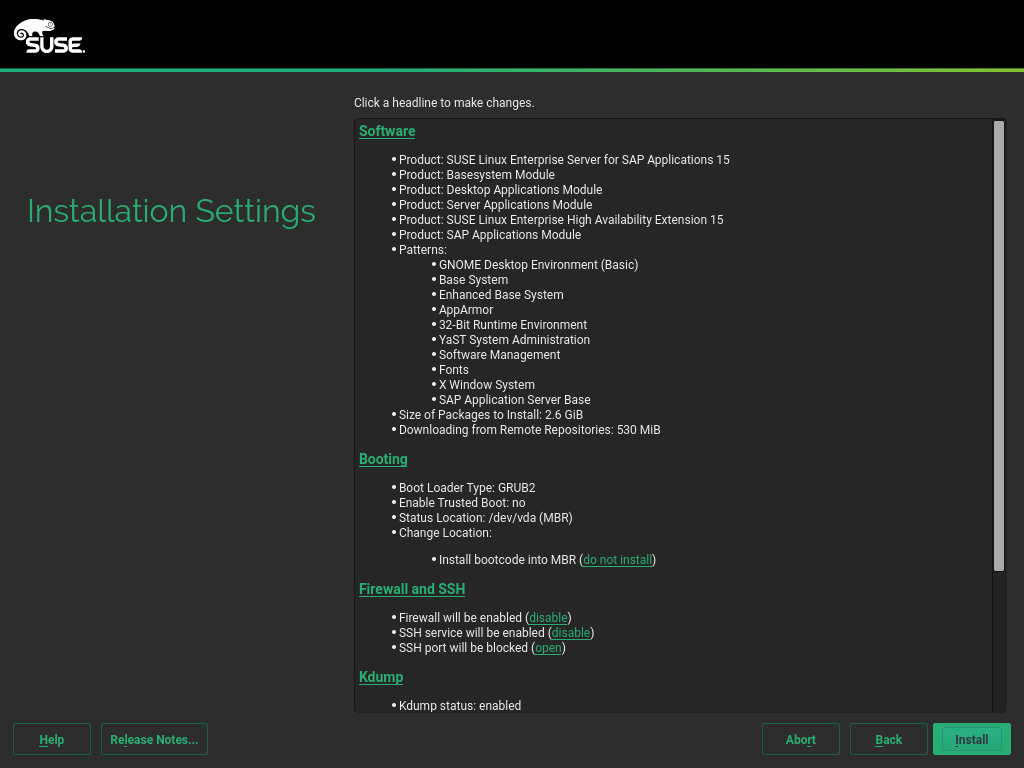 Installation settings Installation settings