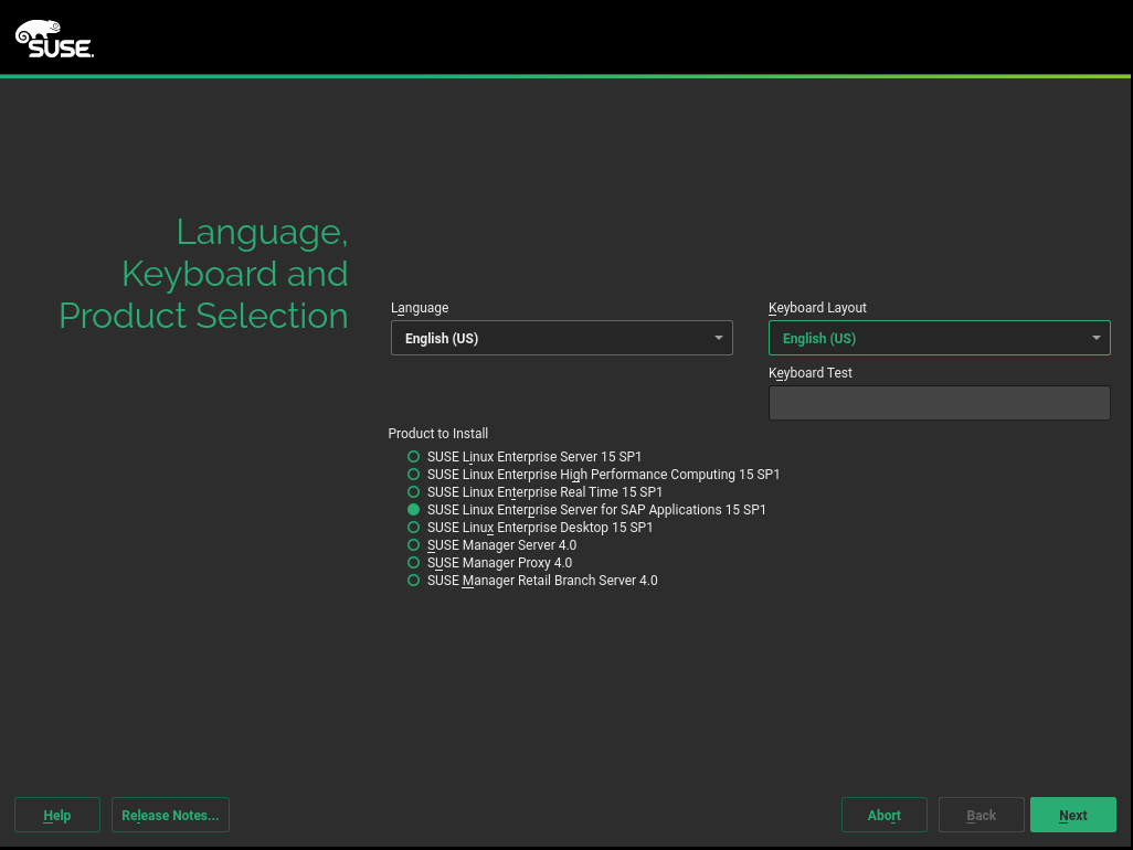 Language, keyboard and product selection Language, keyboard and product selection